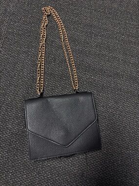 Black Leather Crossbody Bag with Gold Chain Strap
